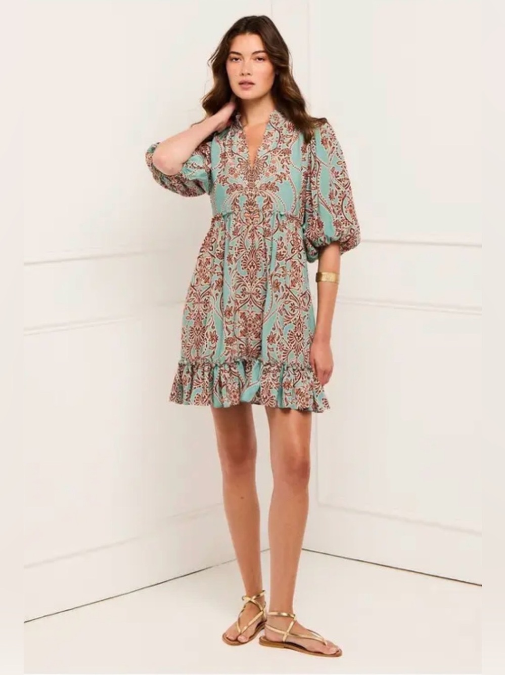 NWT FIGUE Danica Dress Lustrous Lacework Misty Green Size Large Blouson Sleeves